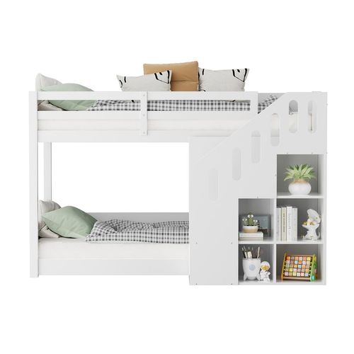 Etagenbett mit Treppen und Schließfächern Doppelbett Kinderbett Hausbett Jugendbett 90*200cm Weiß