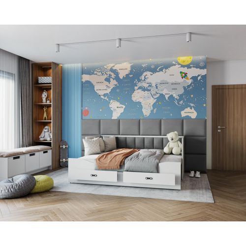 Kinderbett, Multifunktion Bett HE-T, auch für 2 Kinder, mit Matratze, Schublade. Farbe Weiß/Grau