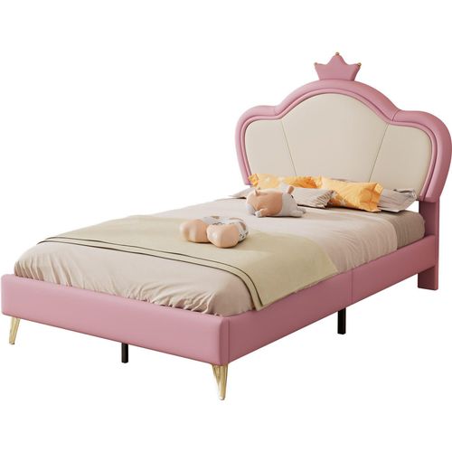 Kinderbett 90x200cm Einzelbett Gaestebett Maedchenbett Jugendbett Rosa Kopfteil mit Krone Elegantes Kopfteilprofil Polsterbett Funktionsbett