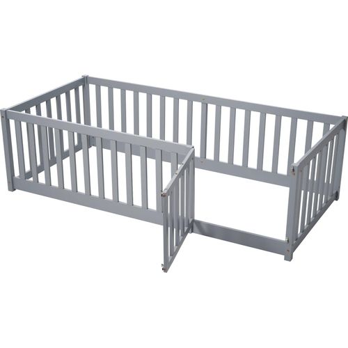 Kinderbett 90x200cm£Ohne Matratze£©Holzboden Bettrahmen mit Zaun und Tuer Holzbett Jugendbett Einzelbett Gaestebett Ohne Lattenrost Bettgestell Grau