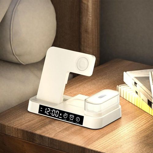 4-in-1 Wireless Schnellladegerät Alarm Clock RGB Nachtlicht Ladestation für Watch Phone White Samsung