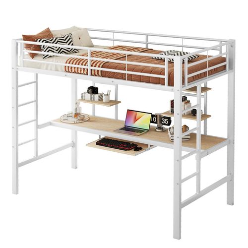Bettgestell Metallbett,Eisenbett(Weiss)Hochbett mit Schreibtisch und zwei Bücherregalen für Kinder, Jugendliche und Erwachsene