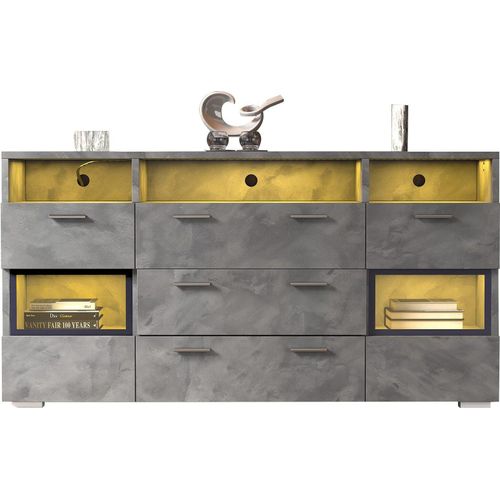 Sideboard 140cm Grau Mit LED-Beleuchtung und transparenten Acryltueren Mit Schubladen und offener Stauraum Unterschrank Stauschrank Eckschrank