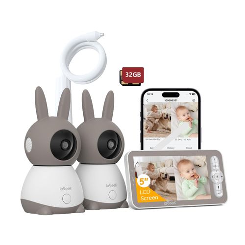 2K-Babyphone mit 2 Kameras PTZ 355°, 5-Zoll-Babyphone mit automatischer Verfolgung, Schreierkennung, Zwei-Wege-Sprache, Kamerahalterung, 32GB