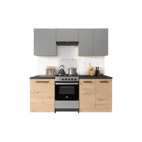 Küchenzeile 200 cm Küchenblock Einbauküche ohne Arbeitsplatte, Langen K24-M200 Artisan Eiche/Grau