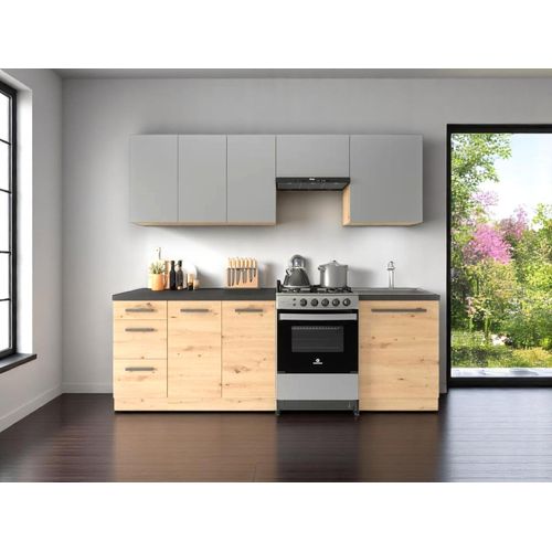 Küchenzeile 240 cm Küchenblock Einbauküche ohne Arbeitsplatte, Langen K25-M240 Artisan Eiche/Grau