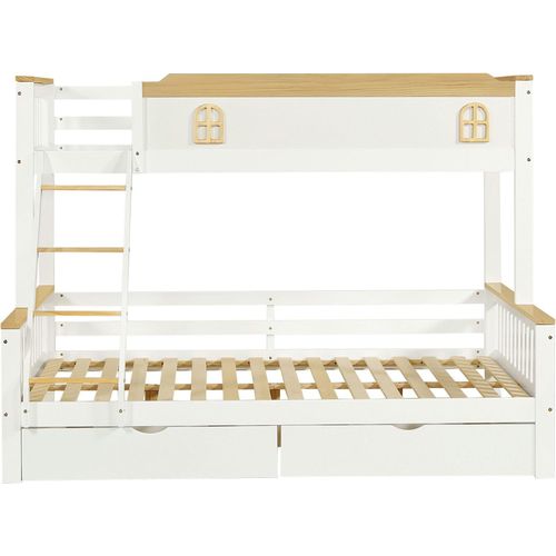 Etagenbett 140x200cm Jugendbett Gaestebett Funktionsbett mit Schubladen Kiefer+MDF mit farblich abgesetztem Fallschutzgitter Praktisches Holzbett