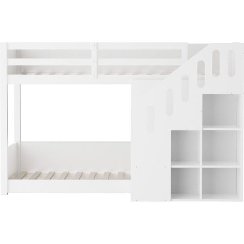 Kinder-Etagenbett 90x200cm Doppelbett (Ohne Matratze) multifunktionales Kinderbett Mit Treppen und Schließfächern stabiles Geländer Weiß