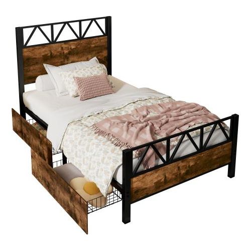 Kinderbett Flachbett Bettgestell Jugendbett Eisenbett mit Schubladen Gaestebett Vintage-Holzfarben Heranwachsende und Erwachsene Metallrahmen Flachbett