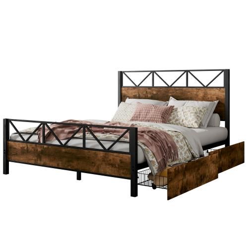 Kinderbett Flachbett Bettgestell Jugendbett Eisenbett mit Schubladen Gaestebett Vintage-Holzfarben Heranwachsende und Erwachsene Metallrahmen Flachbett