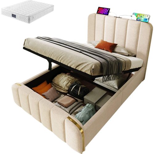 Polsterbett 90x200cm Einzelbett (Mit Matratze) Hydraulisches Lagerbett Jugendbett goldenen Zierstreifen Mit USB Typ-C Ladefunktion Beige Leinen