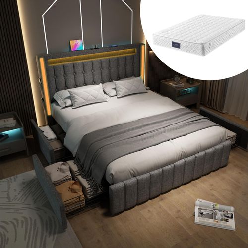 Jugendbett 160x200cm (Mit Matratze) Polsterbett Grau Leinen Mit USB Typ C Ladefunktion Mit LED-Beleuchtung und 4 Schubladen Stauraumbett Doppelbett