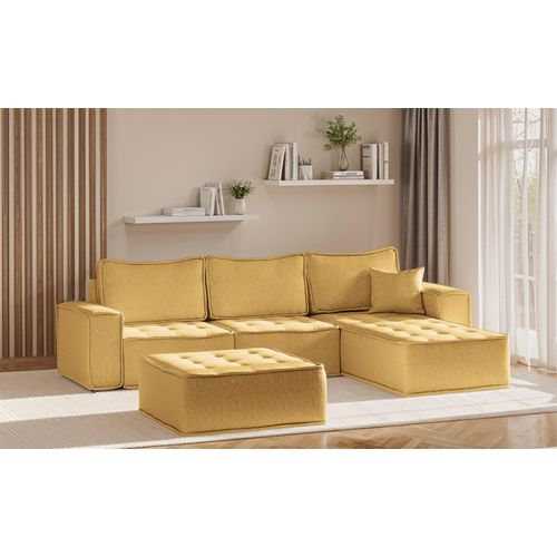 Ecksofa Modulsofa 4-teilig SANDE Stoff Raven Honiggelb Ottomane Rechts