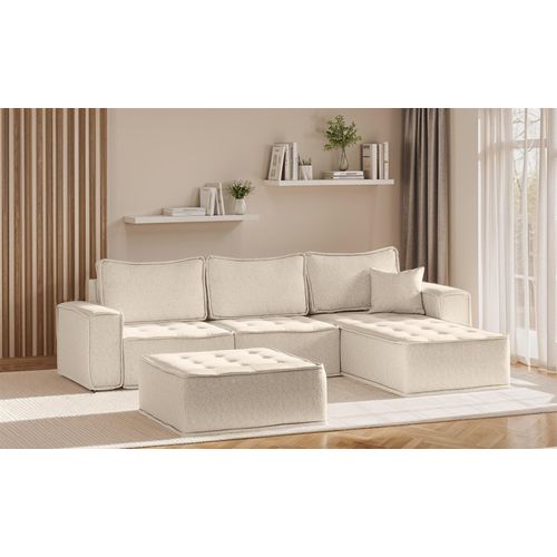 Ecksofa Modulsofa 4-teilig SANDE Stoff Raven Creme Ottomane Rechts