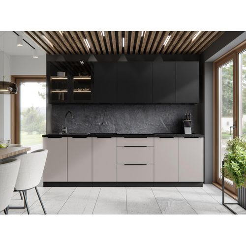 Küchenzeile 260 cm Einbauküche Küche ohne Arbeitsplatte, SIENA - ARONA K64-M260 Kaschmir Matt/Schwarz Matt