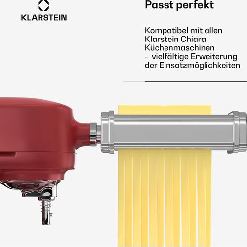 Klarstein Chiara Küchenmaschine Nudelaufsatz – 3-in-1 Pasta-Zubehör, Edelstahl, Spülmaschinenfest, 8 Stufen, Fettuccine & Spaghetti-Schneider, Kompatibel mit Chiara Küchenmaschine