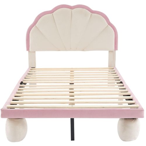 Polsterbett mit mehrfarbigen LED Lichtstreifen, Kopfteil mit Wellenschliff, mit gepolsterter runden Beine, Kinderbett mit Holzlatten, Einzelbett