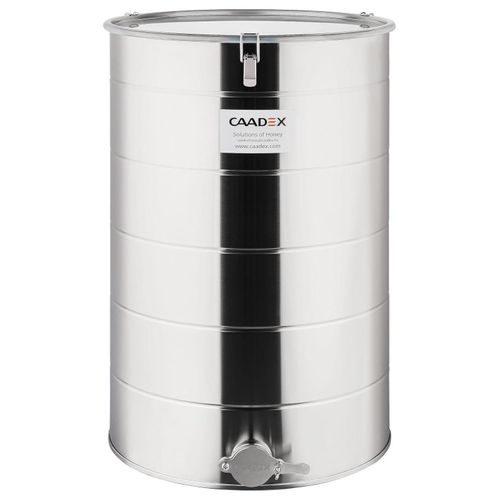 CAADEX Abfüllbehälter für Honig - zum Befüllen - aus säurebeständigem Edelstahl - 110 kg - mit Edelstahlhahn, Dichtung und Klammern - Imkerei