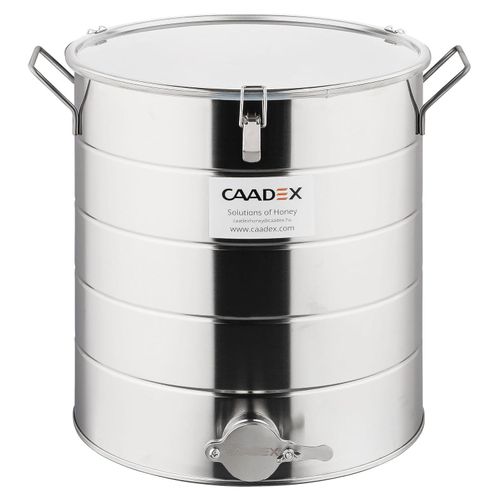 CAADEX Abfüllbehälter für Honig - zum Befüllen - aus säurebeständigem Edelstahl - 50 kg - mit Edelstahlhahn, Dichtung und Klammern - Imkerei