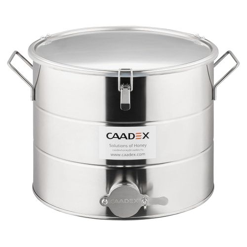 CAADEX Abfüllbehälter für Honig - zum Befüllen - aus säurebeständigem Edelstahl - 35 kg - mit Edelstahlhahn, Dichtung und Klammern - Imkerei