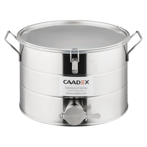CAADEX Abfüllbehälter für Honig - zum Befüllen - aus säurebeständigem Edelstahl - 28 kg - mit Edelstahlhahn, Dichtung und Klammern - Imkerei