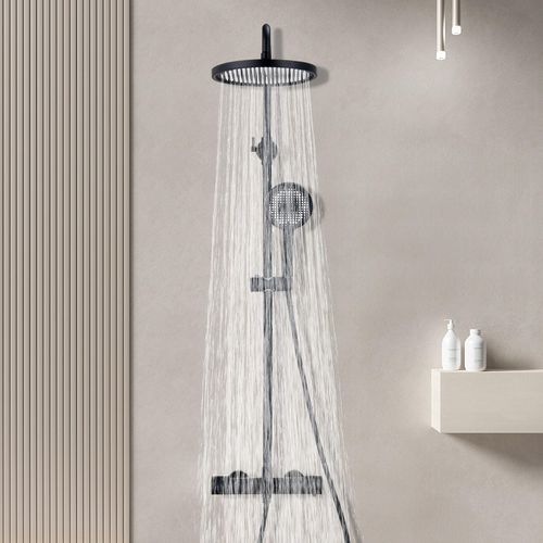 Duschsystem mit ThermostatSchwarz Duscharmatur Komplettset mit 3 Strahlarten Duschkopf Rund Regendusche mit Armatur 25CM Kopfbrause
