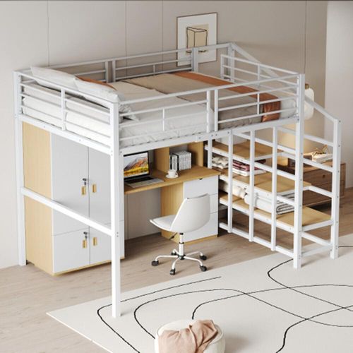 Hochbett,Kinderbett geräumigem Stauraum und Treppe Ideal für Kinder 140 x 200