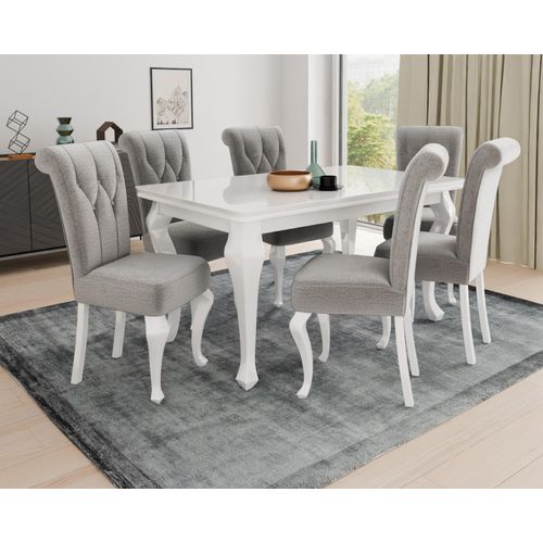 Essgruppe LUIS 170x80 cm Weiß Hochglanz mit 6 Stühlen in Velour Hellgrau