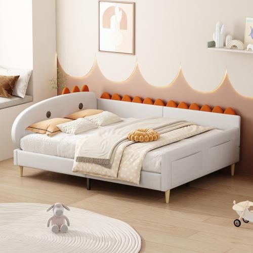 Kinderbett Polsterbett 140*200 cm, Dinosaurierform mit Ablagefächern, Multifunktionales Schlafsofa mit Rückenlehne und Armlehnen mit Lattenrost, Jugendbett, Doppelbett, Gästebett, Samtstoff