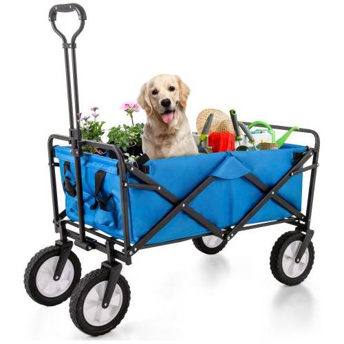 Zusammenklappbarer Station Wagon Outdoor All Terrain Trolley, Faltbarer Bollerwagen Handwagen Gartenwagen, Getränkehalter aus Mesh, verstellbare Griffe, Stofftasche, 360°-Rotation des Vorderrads