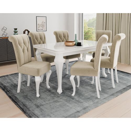 Essgruppe LUIS 170x80 cm Weiß Hochglanz mit 6 Stühlen in Velour Beige