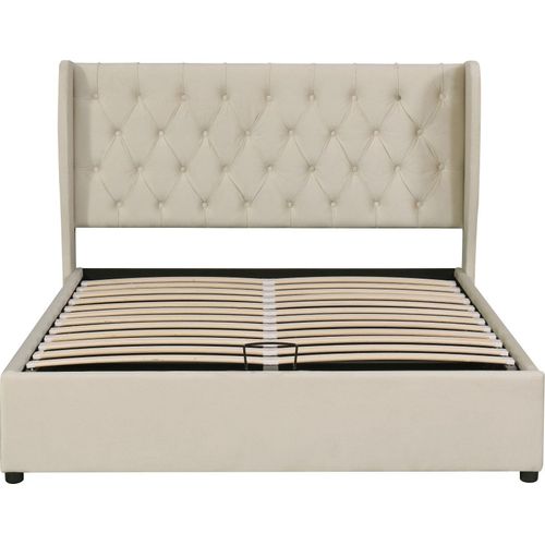 Doppelbett 140x200cm Polsterbett (ohne Matratze) Ohrenform Hydraulisches Funktionsbett mit Lattenrost Grosse Knopfnaehte Stauraumbett Samt Beige
