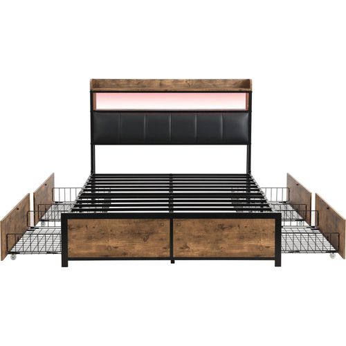 Jugendbett 160x200cm Polsterbett (ohne Matratze) mit Lattenrost und Kopfteil mit LED und Schubladen Erwachsenebett Aufbewahrungsfunktion Schwarz PU