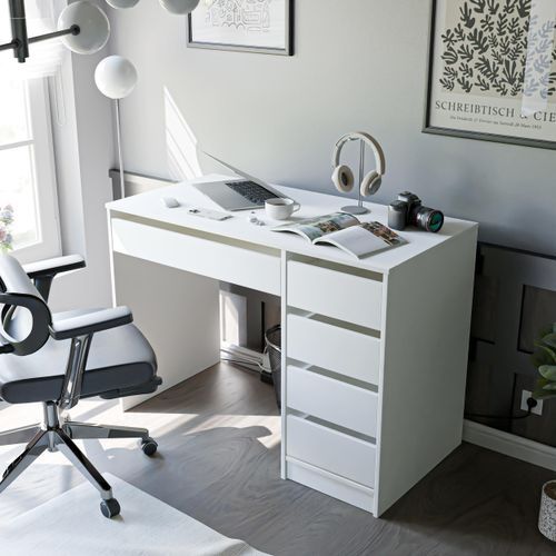 Schreibtisch mit Schubladen BELLA Weiß Matt 110x77x55 Bürotisch einfacher Aufbau