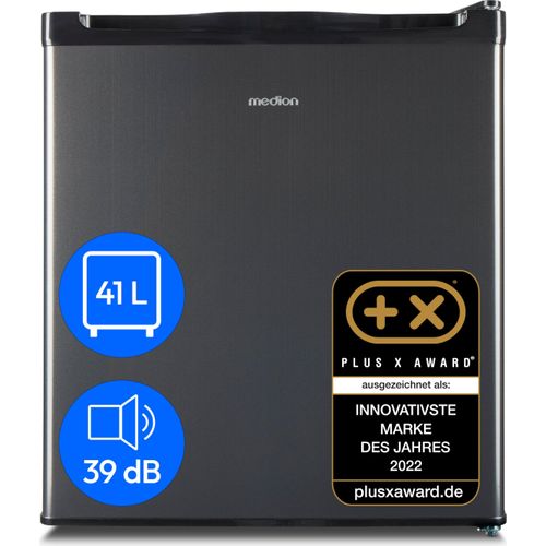 MEDION mini Kühlschrank mit Gefrierfach (klein, leise, 41L kleiner Kühlschrank für Büro Hotels Minibar Camping Gaming, Getränkekühlschrank, Speisen & Eis, Türanschlag wechselbar, MD37724) grau