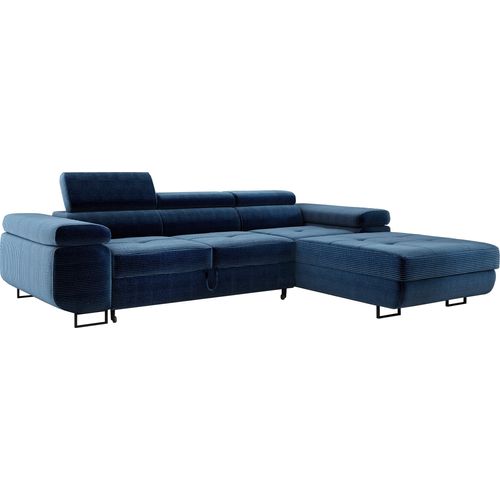 Wohnlandschaft mit Bettfunktion, Ecksofa Cord ADRIANO 202x277 cm, Eckcouch mit einstellbare Kopfstützen, Polsterecke, Sofa L - Rechts Blau PS05