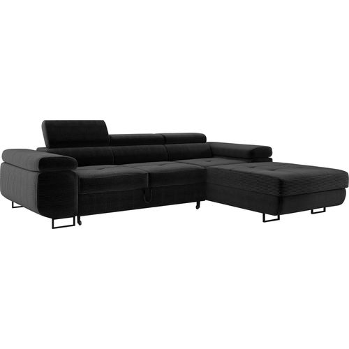 Wohnlandschaft mit Bettfunktion, Ecksofa Cord ADRIANO 202x277 cm, Eckcouch mit einstellbare Kopfstützen, Polsterecke, Sofa L - Rechts Schwarz PS135