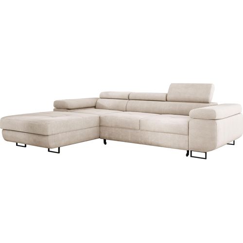 Wohnlandschaft mit Bettfunktion, Ecksofa Cord ADRIANO 202x277 cm, Eckcouch mit einstellbare Kopfstützen, Polsterecke, Sofa L - Links Cremig PS100