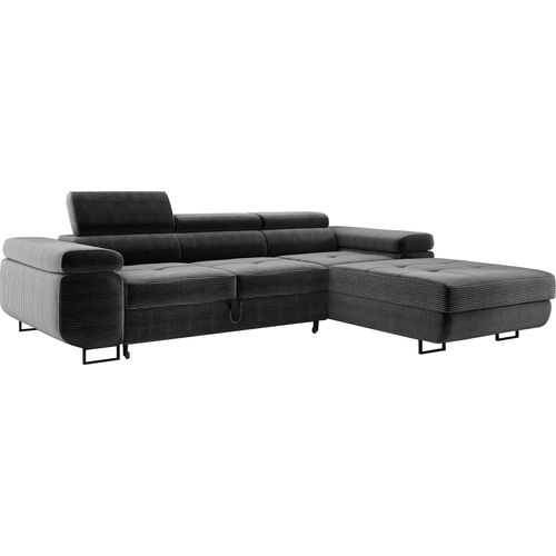 Wohnlandschaft mit Bettfunktion, Ecksofa Cord ADRIANO 202x277 cm, Eckcouch mit einstellbare Kopfstützen, Polsterecke, Sofa L - Rechts Grau PS60