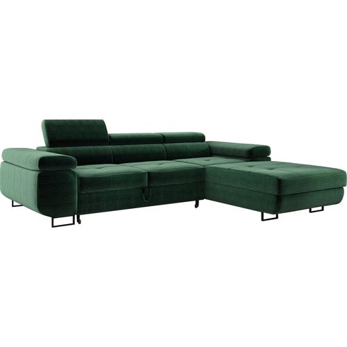 Wohnlandschaft mit Bettfunktion, Ecksofa Cord ADRIANO 202x277 cm, Eckcouch mit einstellbare Kopfstützen, Polsterecke, Sofa L - Rechts Grün PS14