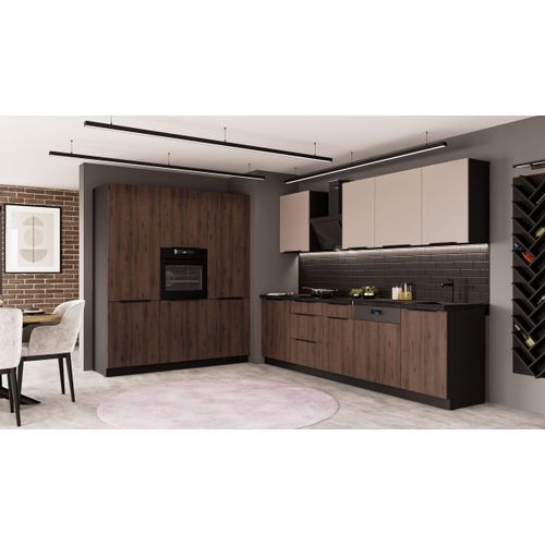 Küche MONZA + ARONA 280 + 180 cm Küchenzeile Küchenblock Einbauküche Nussbaum Okapi matt + Kaschmir beige matt
