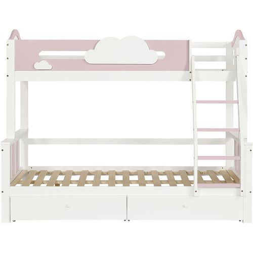Etagenbett mit farblich abgesetztem Fallschutzgitter Fenster Wolkendekoration Kinderbett Hausbett Jugendbett 90x200cm&120x200cm Weiß+Rosa