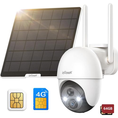 ieGeek 4G LTE Solar-Überwachungskamera Akku mit SIM-Karte, ohne WLAN, Außenkamera, 355° und 120° schwenkbar, Farbnachtsicht, PIR-Erkennung, 64GB