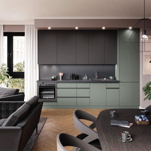 Küchenzeile, CAM-SE 320cm, mit XL-Hängeschranke, Soft Close Funktion.Mit Arbeitsplatte . Korpus Schwarz , Front Farbe Schwarz/Eukalyptus