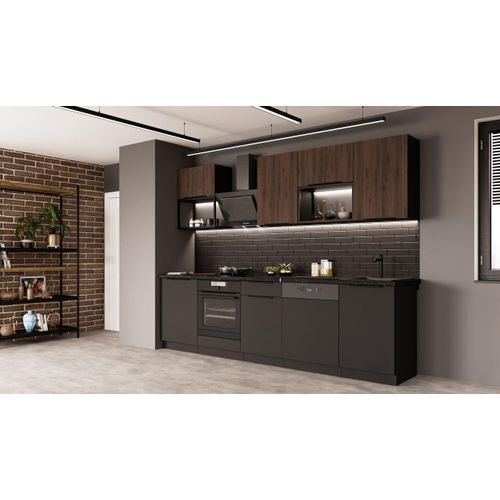 Küche SIENA + MONZA BASIC LOFT 280 cm Küchenzeile Küchenblock Einbauküche Nussbaum Okapi + Schwarz matt