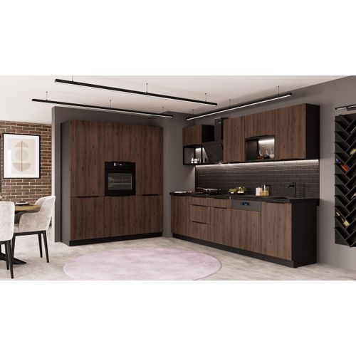 Küche MONZA LOFT - 280 + 180 cm Küchenzeile Küchenblock Einbauküche Nussbaum Okapi matt + Schwarz matt