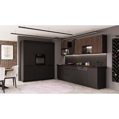 Küche SIENA + MONZA LOFT 280 + 180 cm Küchenzeile Küchenblock Einbauküche Nussbaum Okapi + Schwarz matt