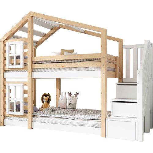 Etagenbett mit Speicherung und Rausfallschutz Kinderbett Hausbett Jugendbett in Fensterbauweise (Ohne Matratze) 90 x 200 cm Natur & Weiß