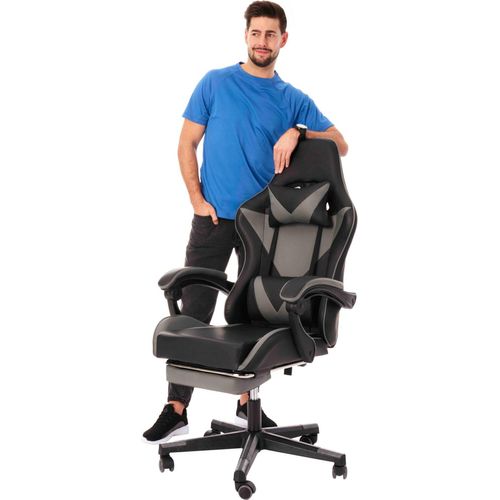di volio Gaming Stuhl Ragazo Grau, ergonomischer Schreibtischstuhl mit Sitzhöhenverstellung, Bürostuhl mit Lenden- und Nackenkissen & Fußstütze