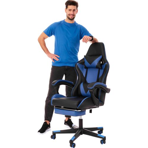 di volio Gaming Stuhl Ragazo Blau, ergonomischer Schreibtischstuhl mit Sitzhöhenverstellung, Bürostuhl mit Lenden- und Nackenkissen & Fußstütze